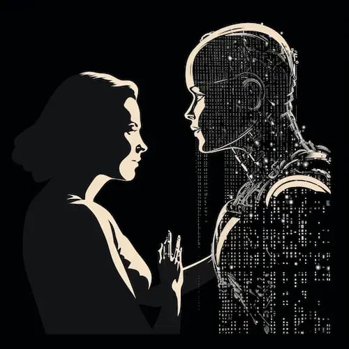 ASCII art: a woman talking with a robot