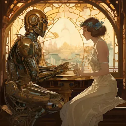 Image in the Art Nouveau style: a woman talking with a robot