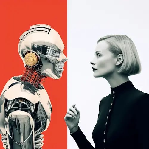 Image in the style of Barbara Kruger: a woman talking with a robot