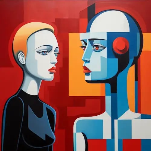 Image in the De Stijl style: a woman talking with a robot