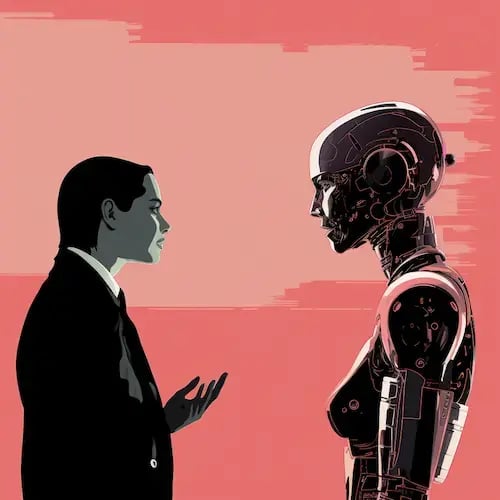 Minimalist image: a woman talking with a robot