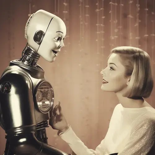 Image with a Polaroid look: a woman talking with a robot