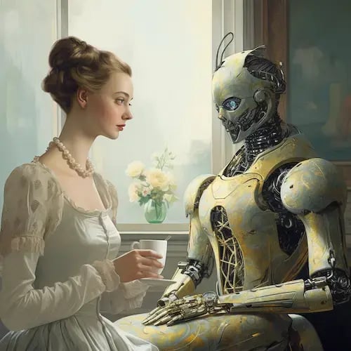 Image in the Rococo style: a woman talking with a robot
