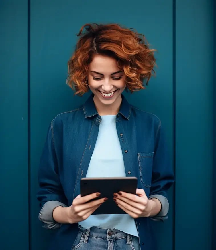 Eine rothaarige Frau liest ihre Dokument-Übersetzung auf dem iPad.