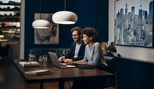 Mann und Frau schreiben eine E-Mail auf Englisch an einem Laptop