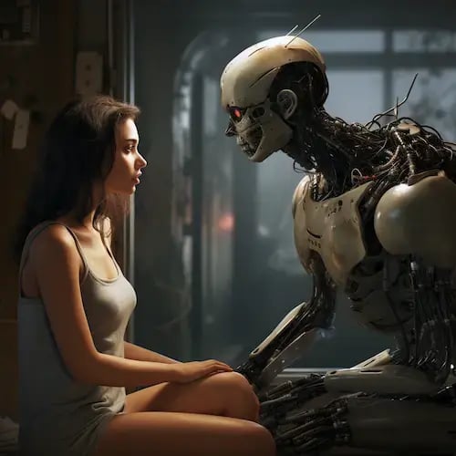 Realistic image: a woman talking with a robot