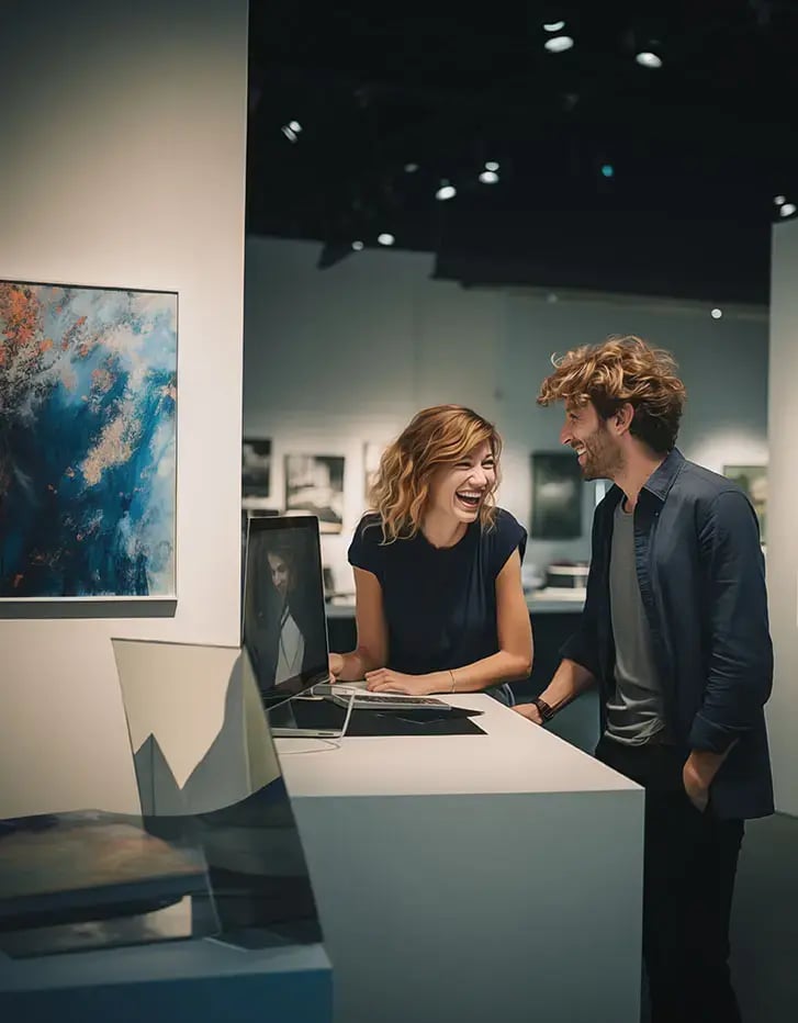 Zwei Künstlerinnen in einer Kunstgallerie freuen sich über ihre Übersetzung für Kunst und Kultur