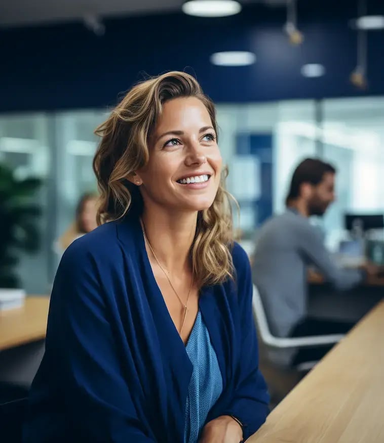 Eine lächelnde Marketing-Mitarbeiterin diskutiert ihre Marketing-Übersetzung