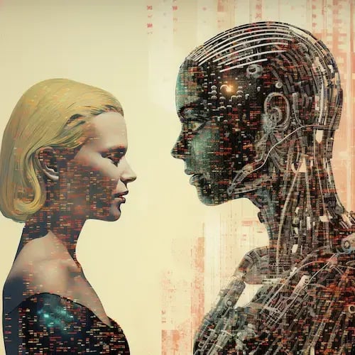 Image in a pointillist style: a woman talking with a robot