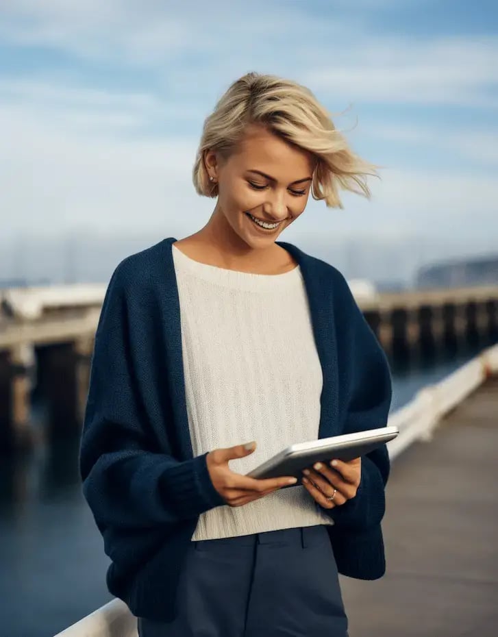 Eine junge Frau im Hafen bestellt eine Schwedisch-Übersetzung auf dem Tablet