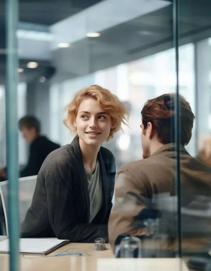 Eine Frau im Glasbüro möchte ihren Vertrag übersetzen lassen