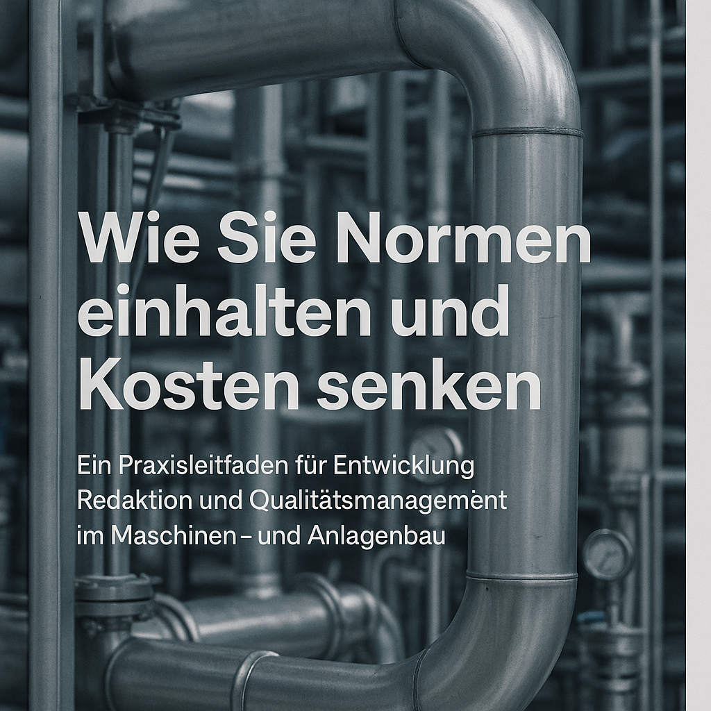 The image features a technical document cover in German titled Wie Sie Normen einhalten und Kosten senken which translates to How to Comply with Stand-3