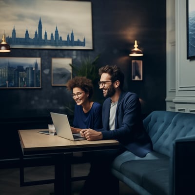 Mann und Frau schreiben eine E-Mail auf Englisch zusammen