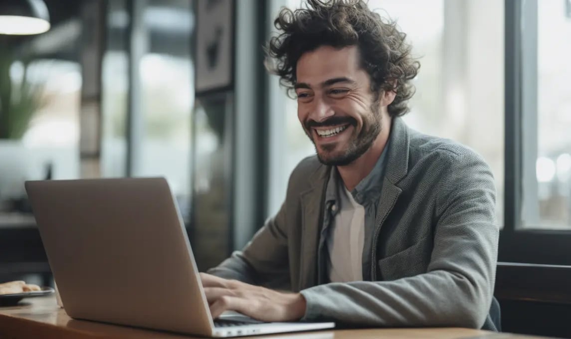 Ein lächelnder Mann am Laptop freut sich auf den Newsletter vom Übersetzungsbüro tolingo
