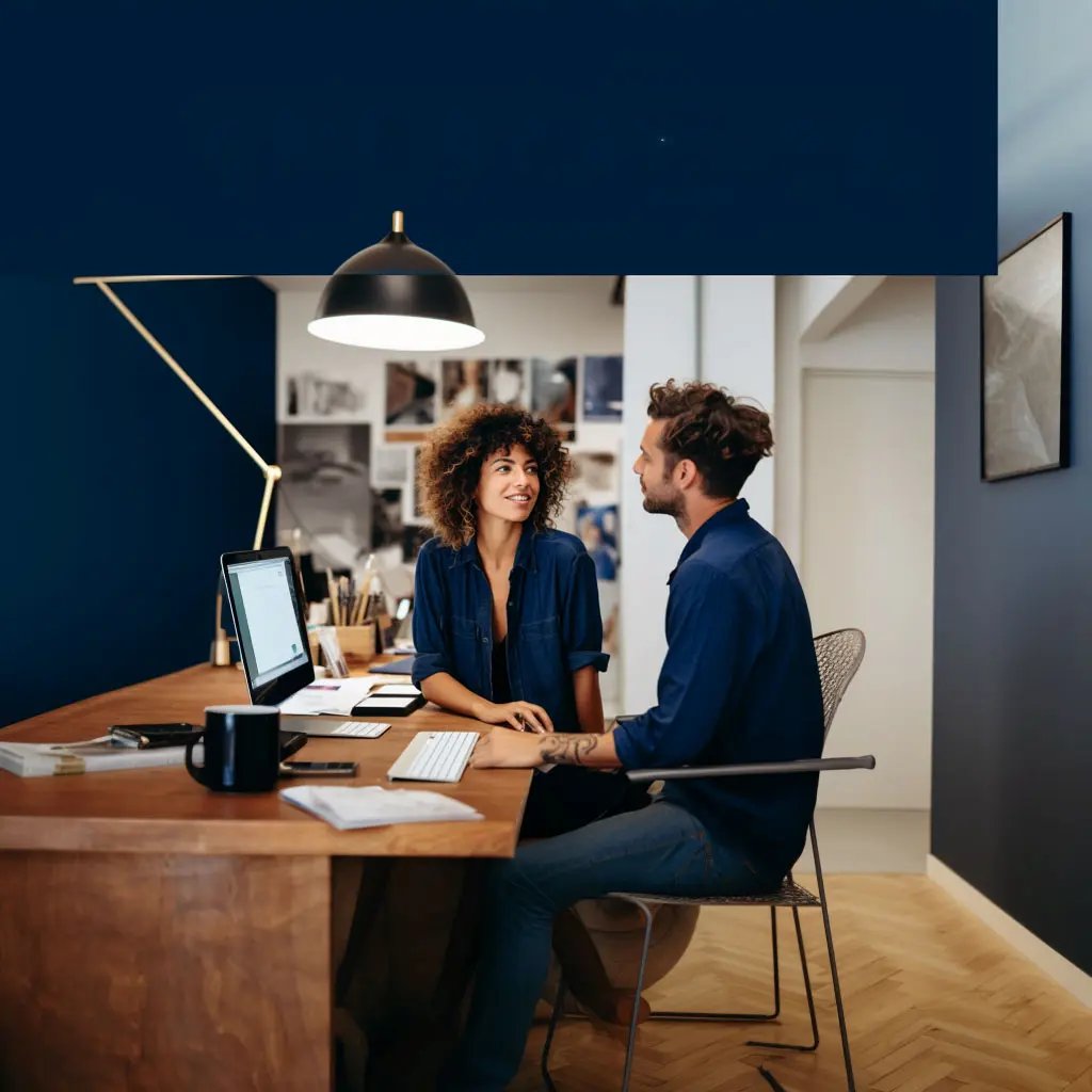 two people checking their marketing translations in blue office