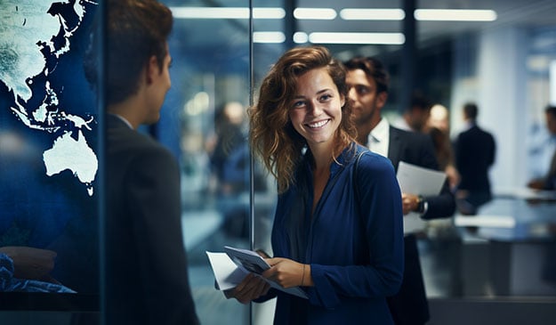 A woman in an office is excited about her specialist translation