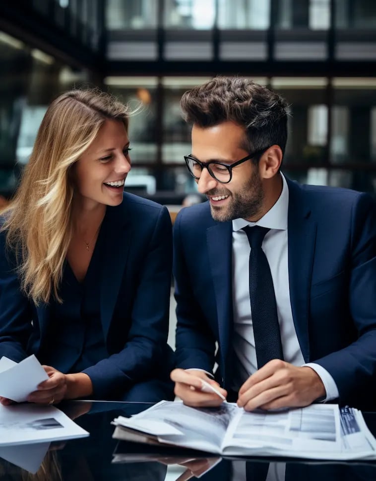 Zwei Anwälte arbeiten zusammen und besprechen ihre anstehende juristische Übersetzung.