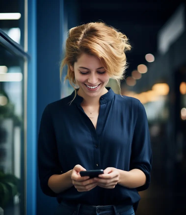 Eine Frau bestellt eine Französisch-Übersetzung auf ihrem Handy