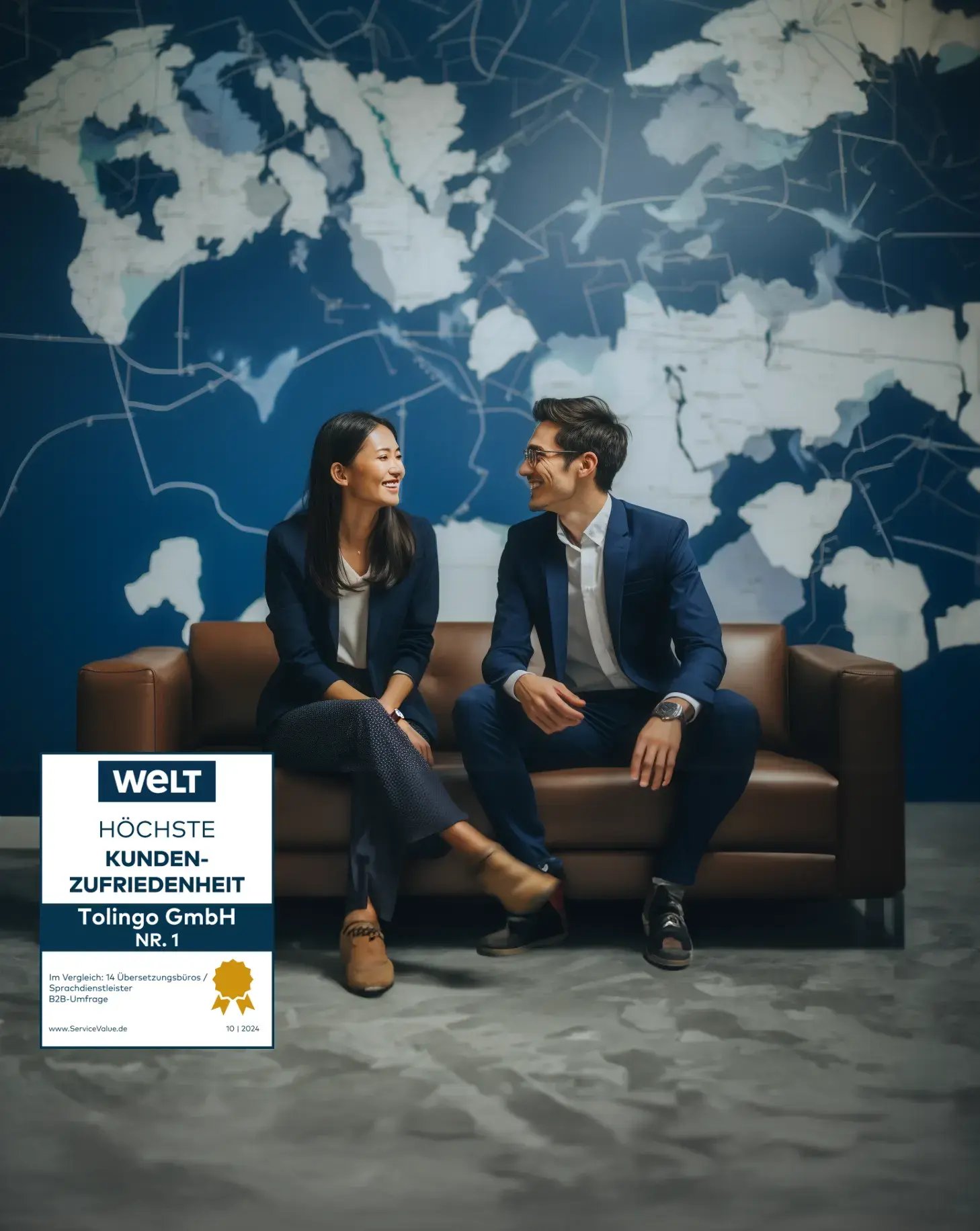 Two colleagues on a couch discussing the best translation services for their company