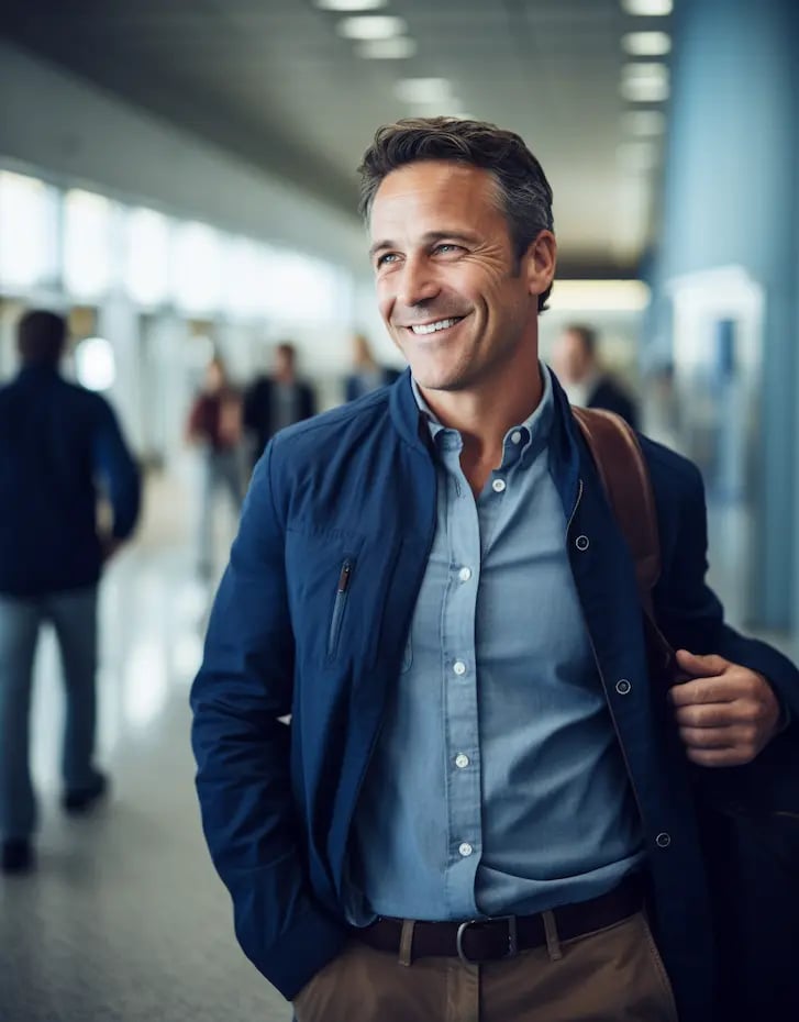 Ein Mann aus der Tourismusbranche am Flughafen lächelt zufrieden