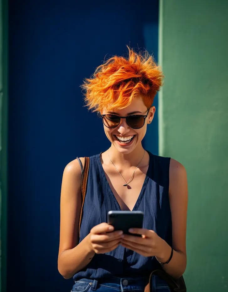 Happy woman reading on an iphone