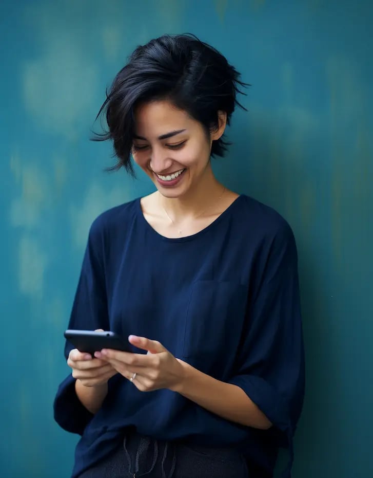 Eine junge Frau liest eine Japanisch-Übersetzung auf ihrem iPhone, und lächelt dabei