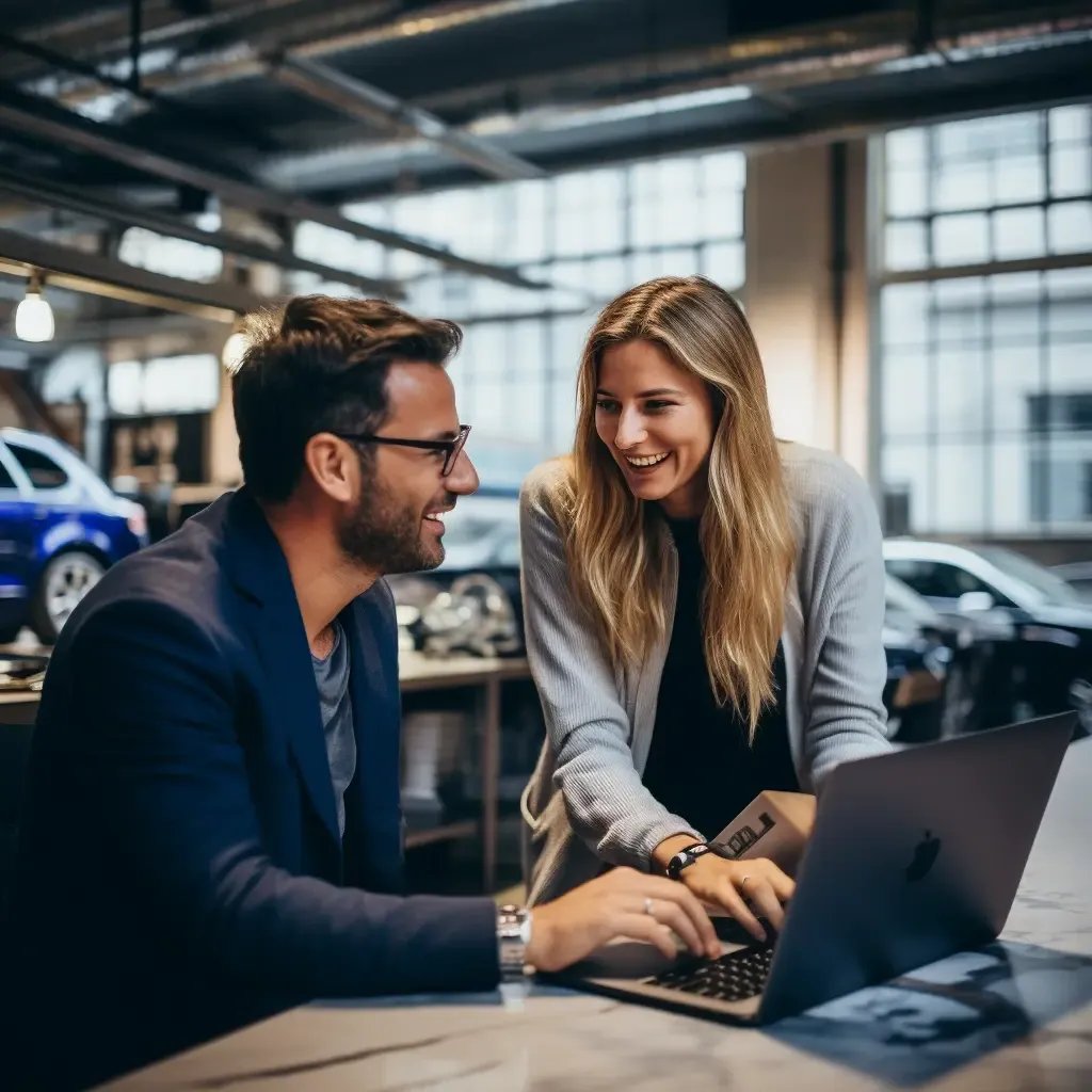 Two colleagues in a garage checking their professional translations for the automotive industry