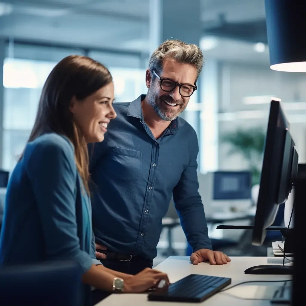 Two colleagues checking financial translations on their PC