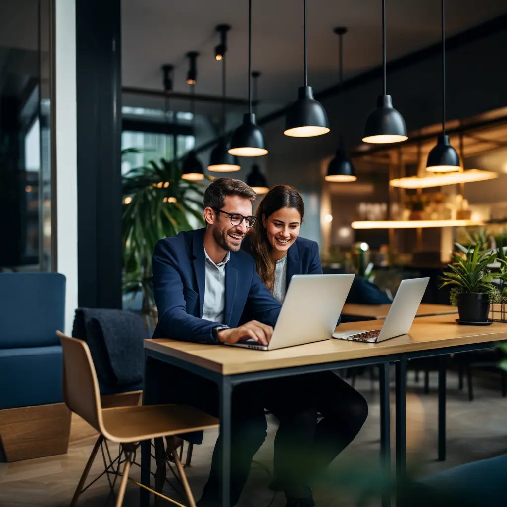 two colleagues checking their legal translations on a laptop