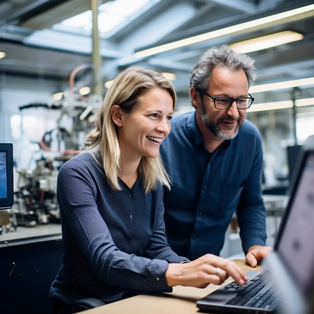 Eine Frau und ein Mann in einer Fabrik sehen sich einen Computerschirm an mit Übersetzungen für Maschinenbau