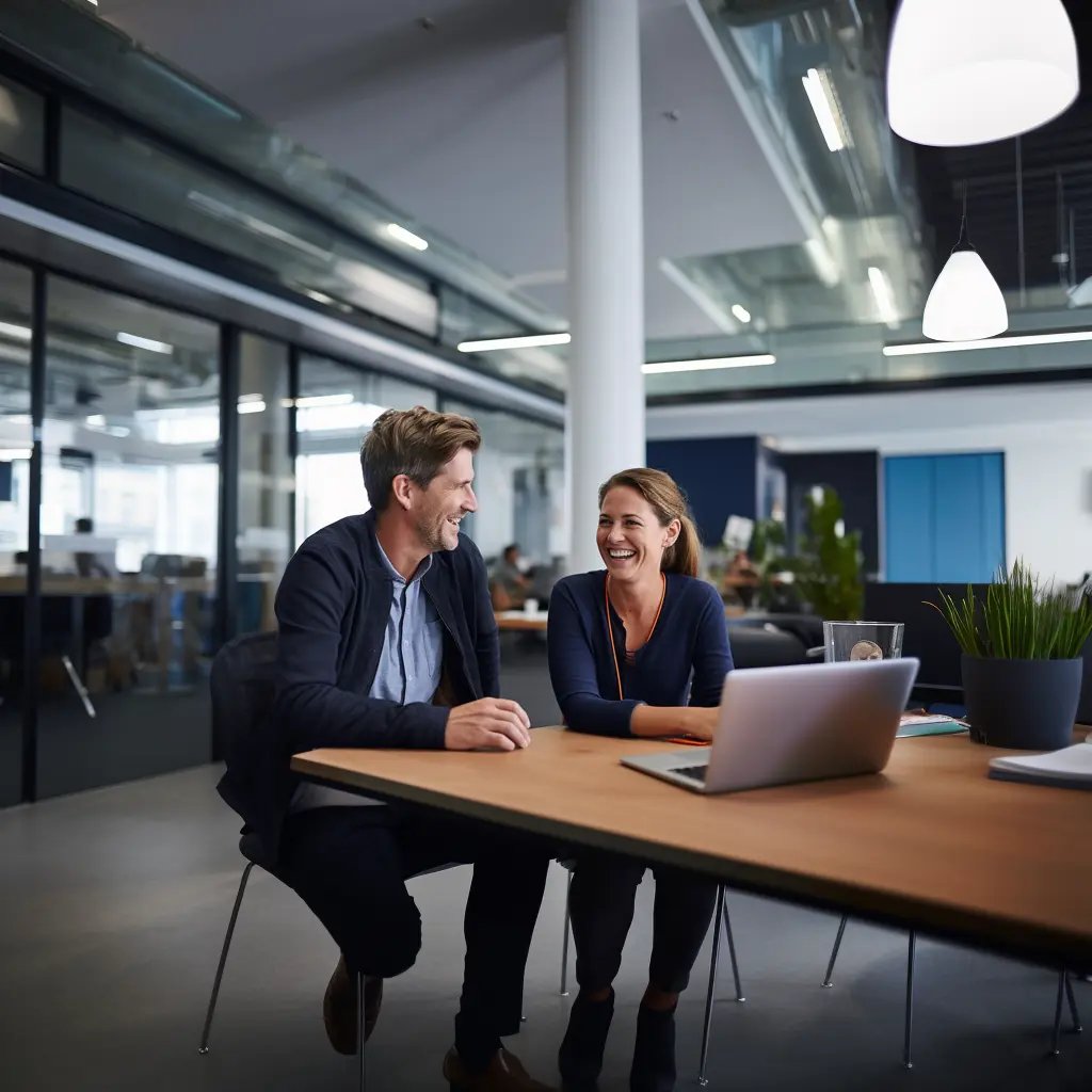 Zwei Kollegen sind im Büro am Laptop, und freuen sich über ihre professionelle Übersetzung