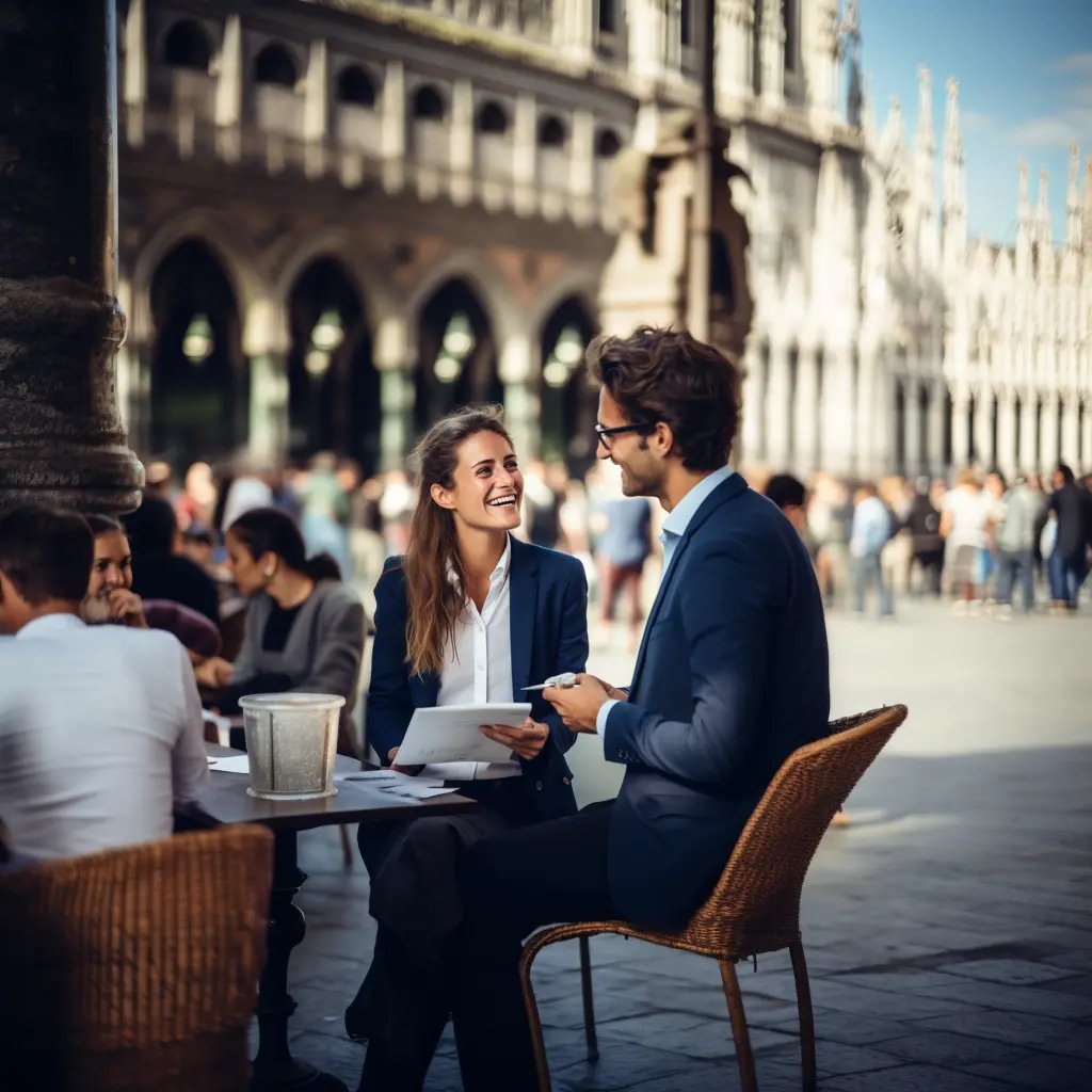 Zwei Kollegen besprechen ihre Italienisch-Übersetzung in einem Straßencafé in Milano