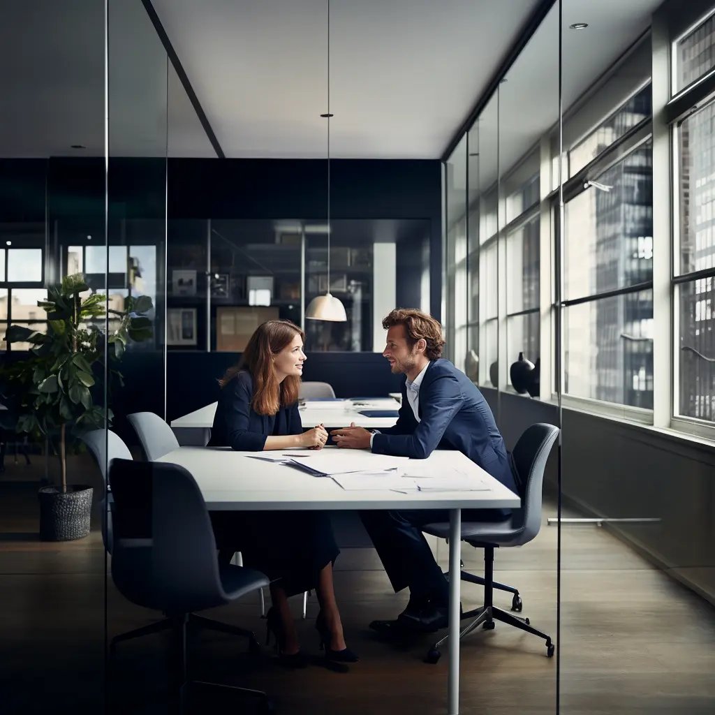 Two colleagues discussing a translation in a translation agency in Cologne