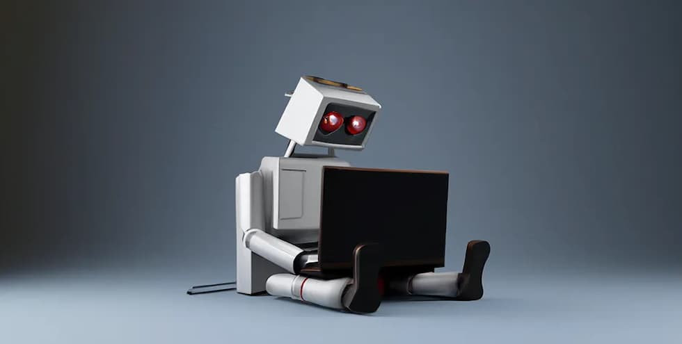 Robot works as AI on laptop