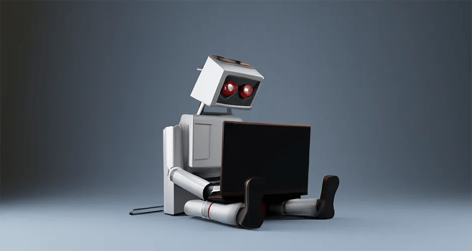 Robot arbeitet als KI an einem Laptop
