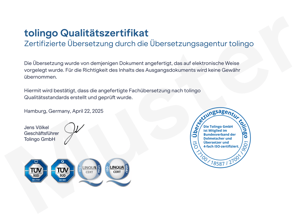 Muster des tolingo Qualitätszertifikats, das den angewendeten Qualitätsprozess je Projekt dokumentiert