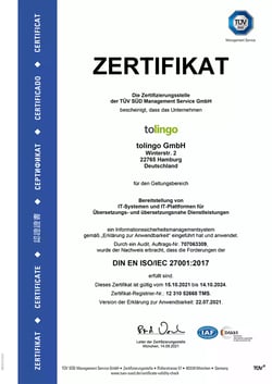 tolingo - ISO IEC 27001 Zertifizierung