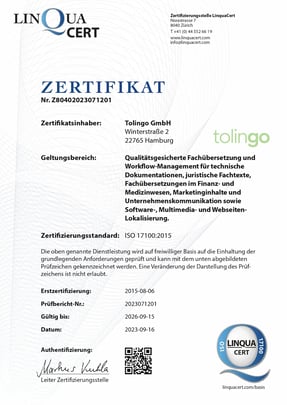 ISO-Zertifikat 17100 von Übersetzungsagentur tolingo