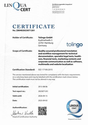 ISO-Certificate 17100 for tolingo translation services