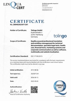 ISO-Certificate 17100 for tolingo translation services