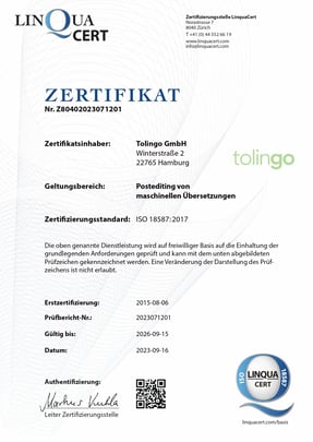 ISO-Zertifikat 18587 von Übersetzungsagentur tolingo