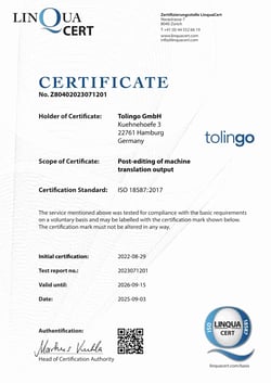ISO-Certificate 18587 for tolingo translations services