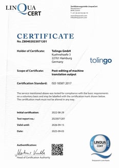 ISO-Certificate 18587 for tolingo translations services
