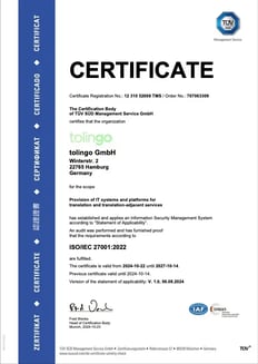 ISO/IEC 27001:2022 Certificate, valid until 14.10.2027