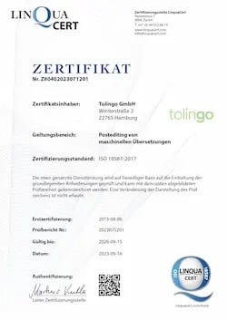 ISO-Zertifikat 18587 von Übersetzungsagentur tolingo