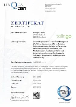 ISO-Zertifikat 17100 von Übersetzungsagentur tolingo