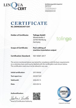 ISO-Certificate 18587 for tolingo translations services