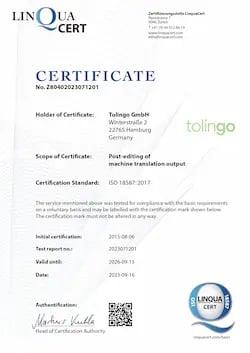 ISO-Certificate 18587 for tolingo translations services