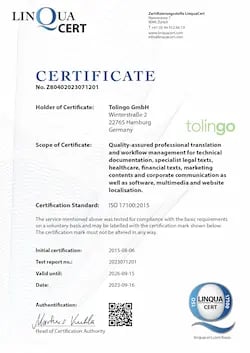 ISO-Certificate 17100 for tolingo translation services