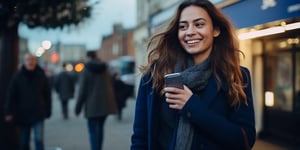 Eine Frau telefoniert auf Englisch, während sie in London spazieren geht
